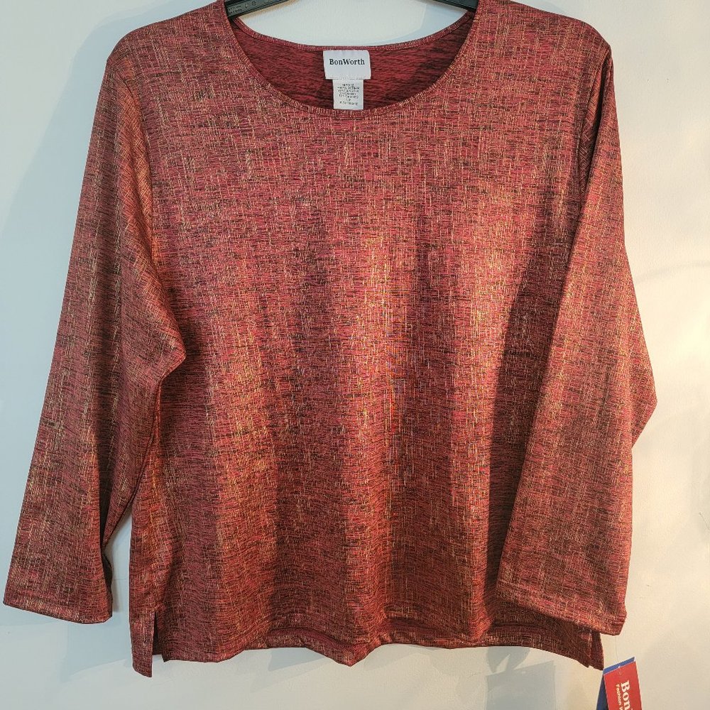 BonWorth Ruby Long Sleve Blouse, Size LP (Red/Gold), New with Tags